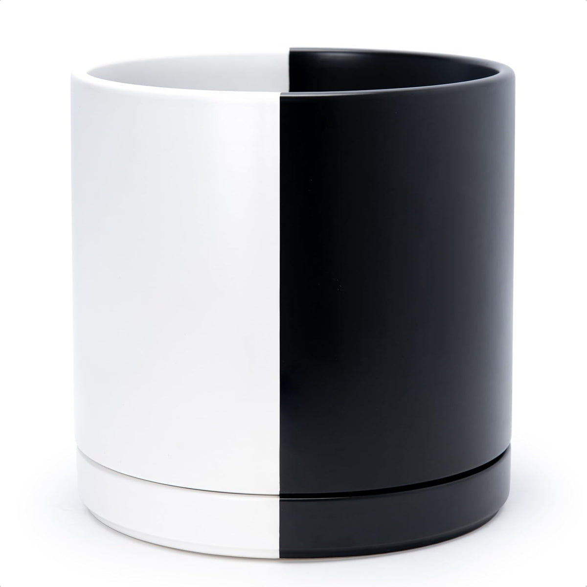 D'vine Dev 12 Inch Ceramic Planter Pot with Drainage Hole and Saucer, Indoor Cylinder Round Planter Pot, Split Monochrome Black & White, 94-O-F-0