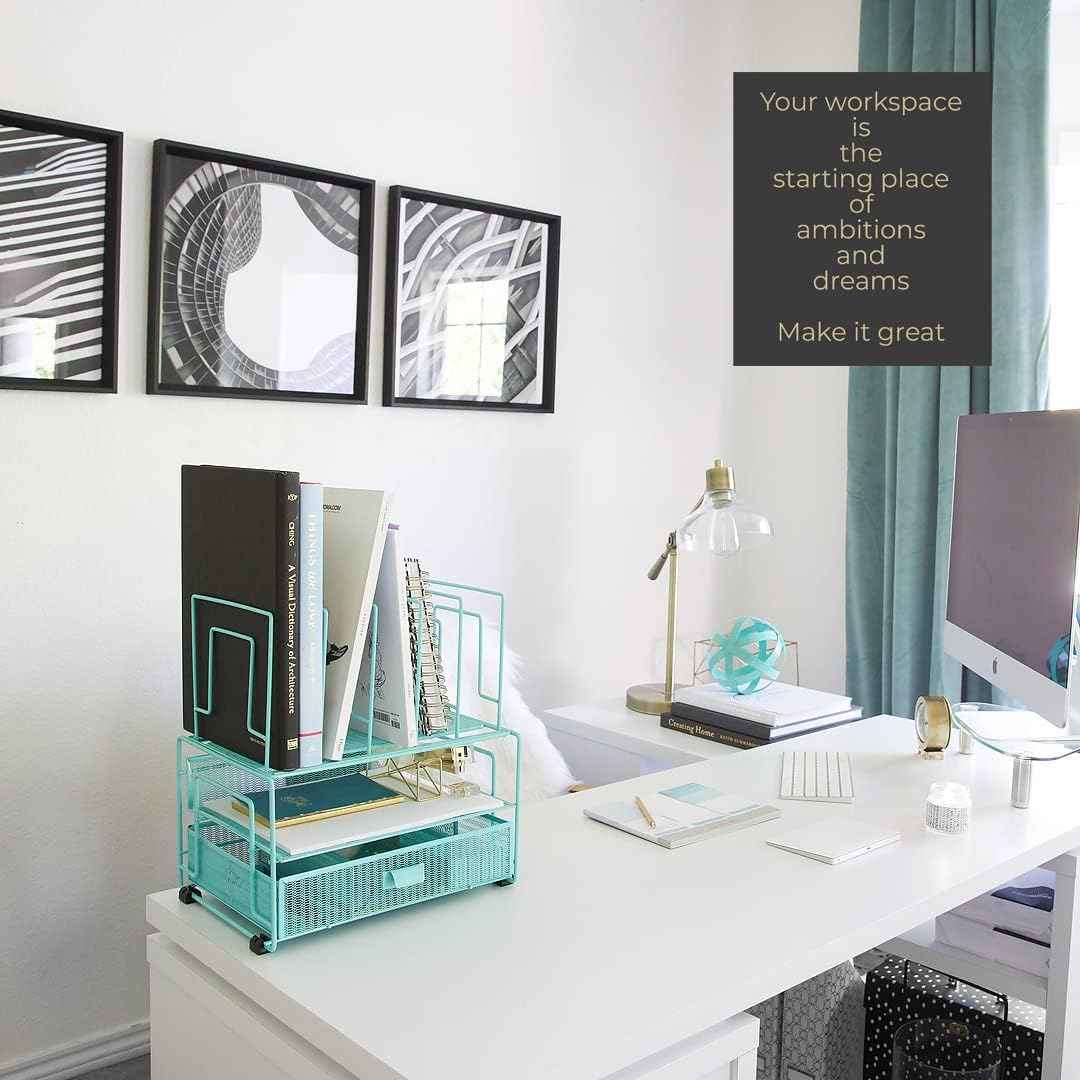 BLU MONACO Mint Green Desk Organizer With File Sorters and Drawer | Metal Mesh Desktop Storage for Office Supplies, Papers, Devices and Folders | 9.3”D x 12.5”W x 14”H All-In-One Workspace Holder