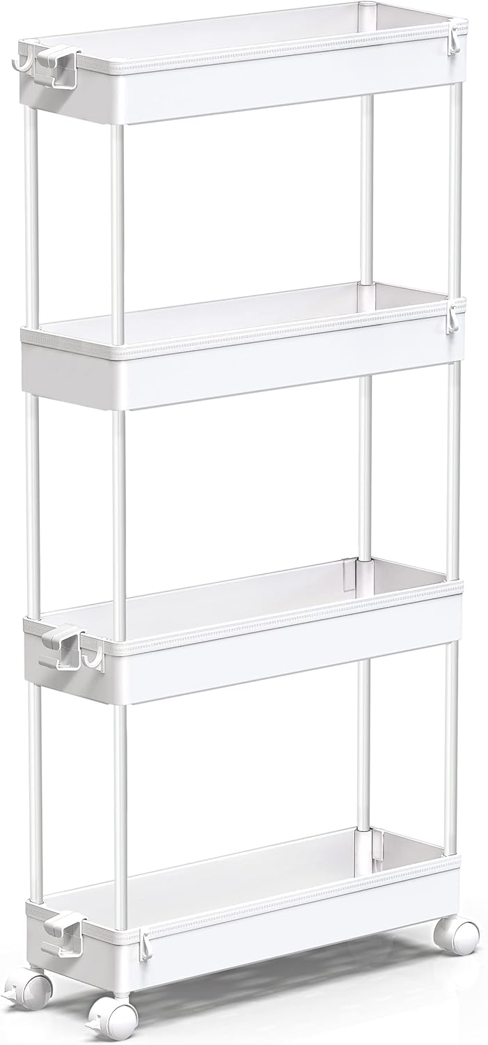 Slim Rolling Storage Cart – 4-Tier Bathroom Cart Organizer – White - Field & Nook