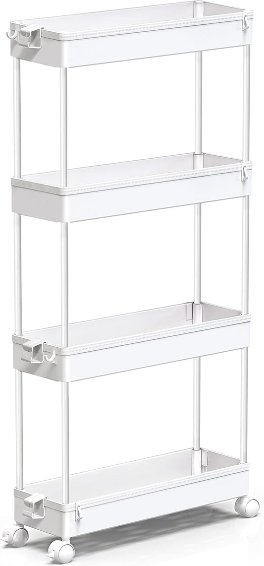 Slim Rolling Storage Cart – 4-Tier Bathroom Cart Organizer – White - Field & Nook