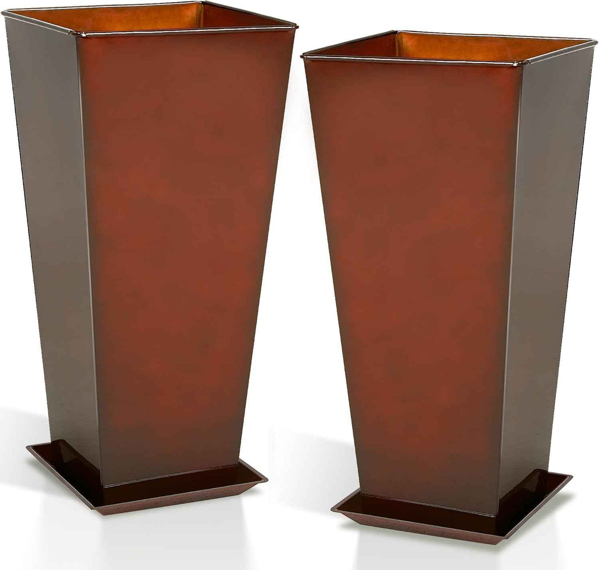 WORTH Garden 28" Large Metal Glazed Planter Set of 2, Luxurious Glossy Finish Red Tall Square Tapered Steel Plant Pots, Decor Flower Pot Indoor & Outdoor, Drainage Hole & Dual-Purpose Plant Saucer