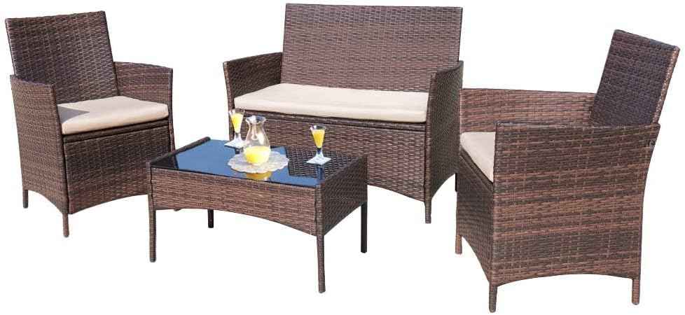 Homall 4 Pieces Outdoor Patio Furniture Set, Rattan Chairs, Brown &