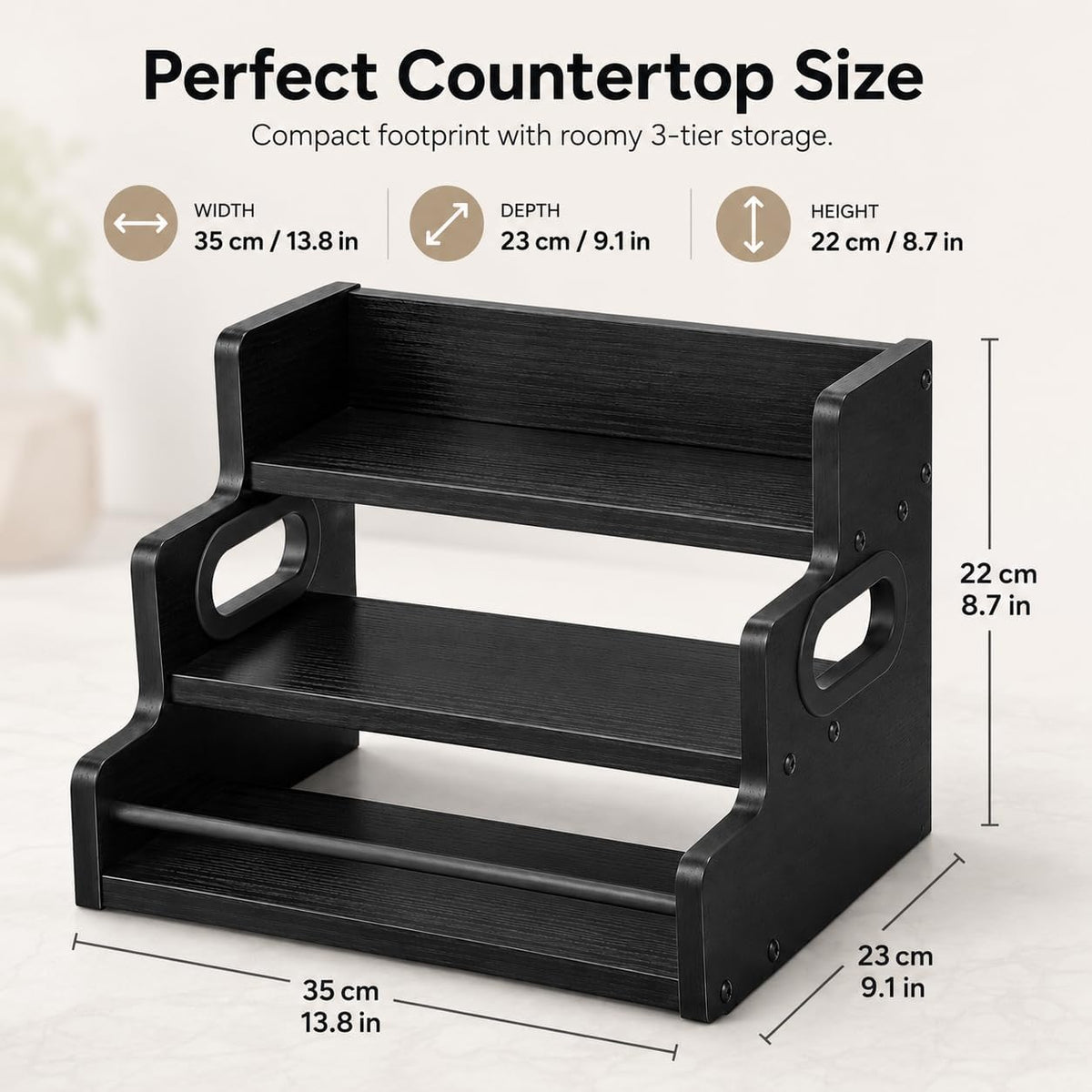 3-Tier Spice Rack Organizer for Cabinet – Wood Spice Shelf Storage – Black - Field & Nook