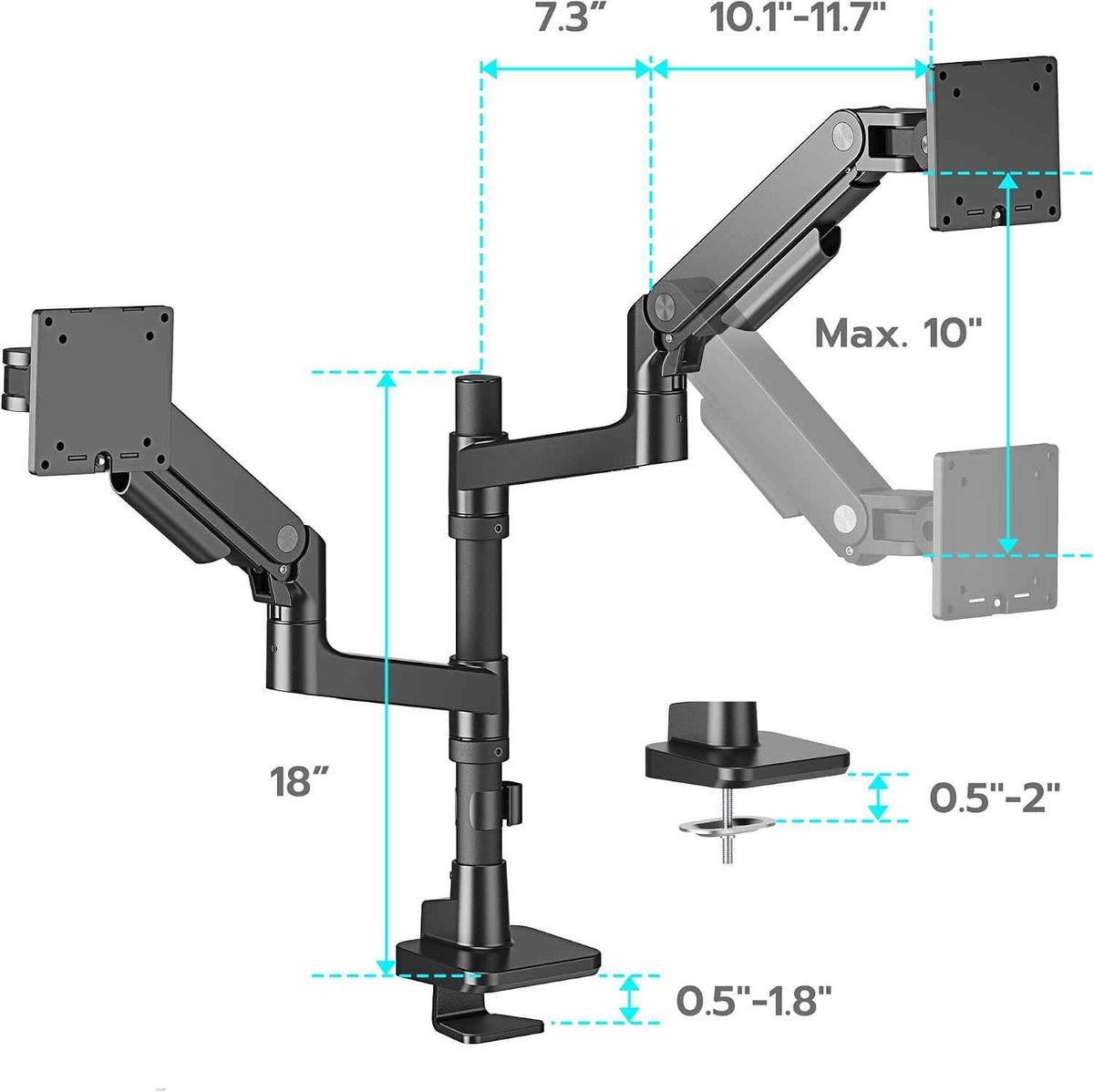ARES WING Dual Monitor Arm Desk Mount for 17-49 Inch Ultrawide Monitors, Heavy Duty Dual Monitor Mount Holds 44 lbs, Full Motion Gas Spring Vertical Monitor Mount, 75/100 VESA Mount, Black