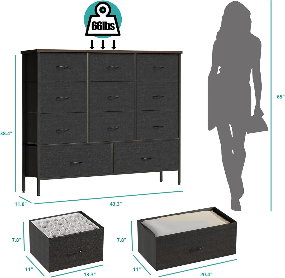 11-Drawer Wide Dresser with Wood Top – Fabric Storage Chest for Bedroom, Closet & Entryway (Black)