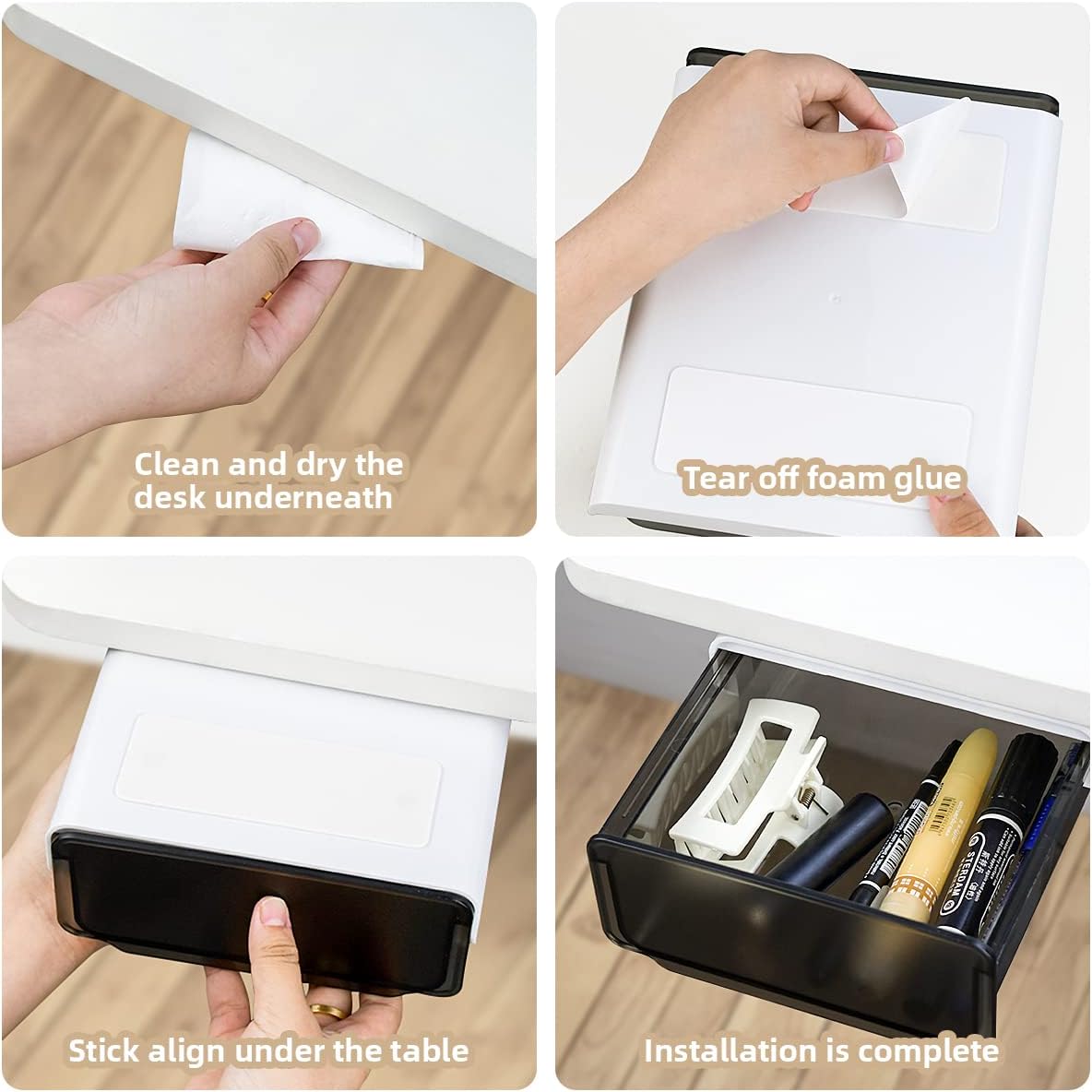 1 Pcs Under Desk Drawer, Under Table Hidden Organizer, Plastic Self-adhesive Slide out Under Desk Storage Drawer for Office Dresser Home School Stationery Kitchen (Black) - Field & Nook