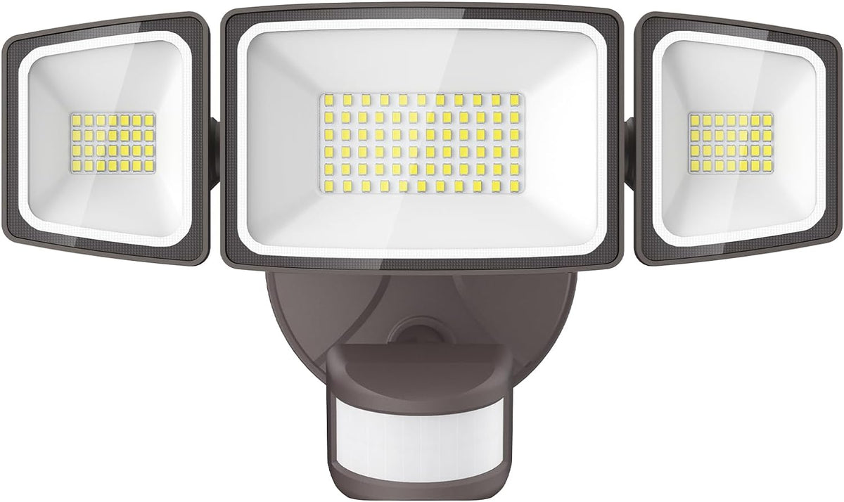 Onforu 65W LED Security Lights Motion Sensor Light Outdoor, 6500LM, 6500K, IP65 Waterproof, Flood Light Outdoor Motion Detector with Adjustable 3 Head, Hardwired Wall Light for Entryway, Yard (Brown)