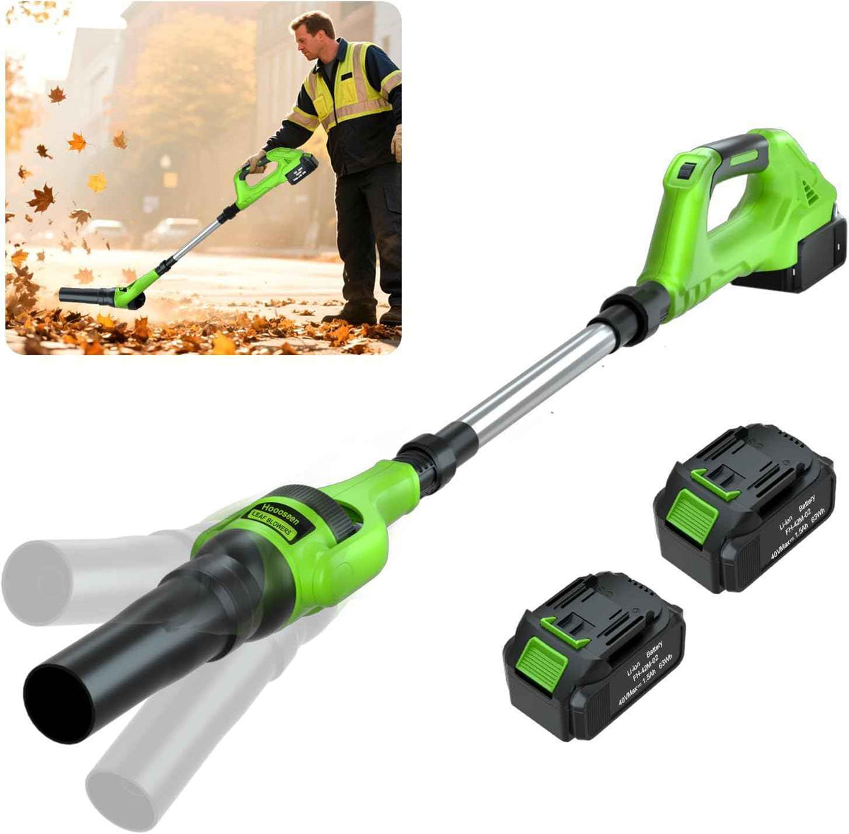 Leaf Blower Cordless, 40V Electric Leaf Blower Cordless with 2 Batteries, Adjustable 300° Multi-Angle Rotation Nozzle 3 Speed Modes 500CFM/180MPH for Lawn Care, Patio, Dust, Leaves, Yard, Car, Gutter