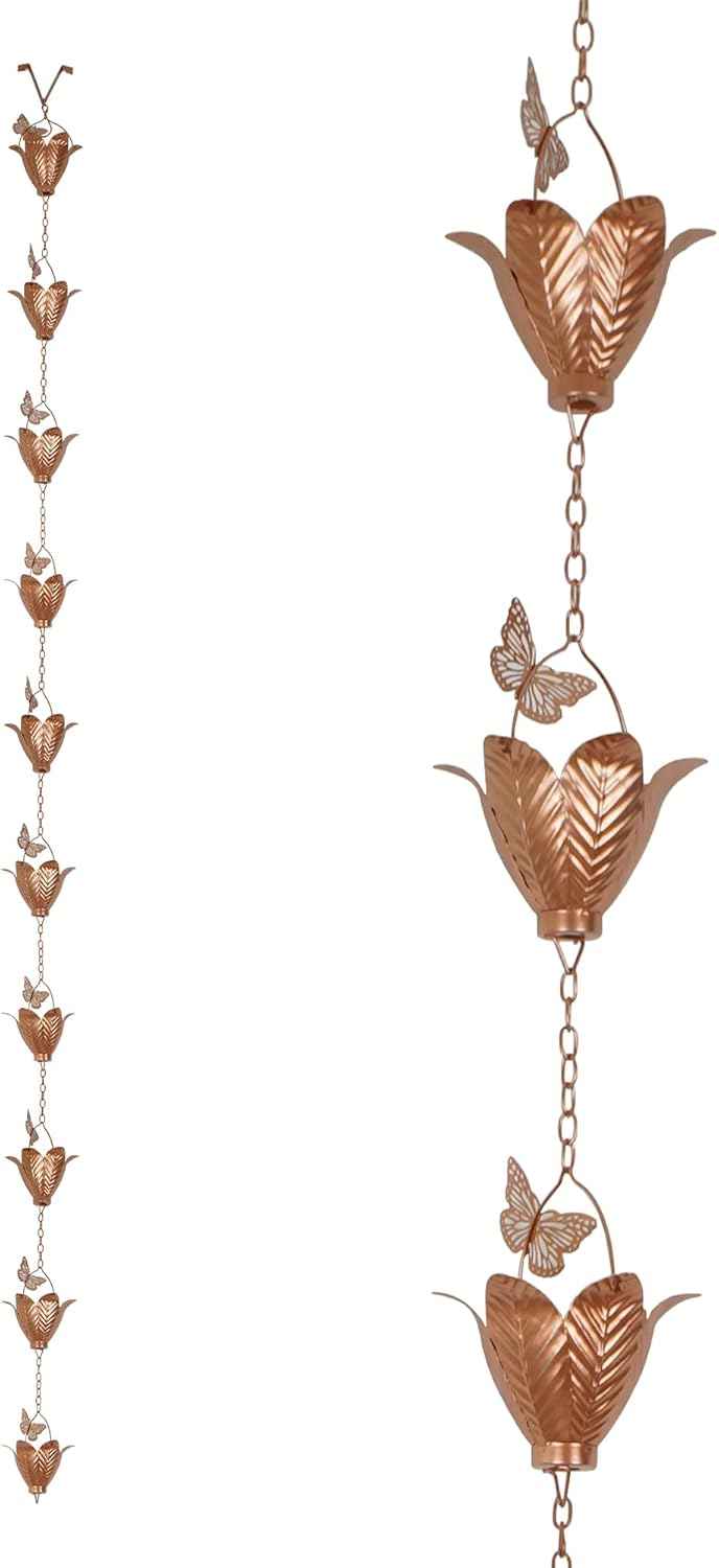Topadorn 8.7 FT Rain Chain Iron Butterfly Gutter Chains with 10 Rain Collector Thick Iron Flower Cups Garden Decoration