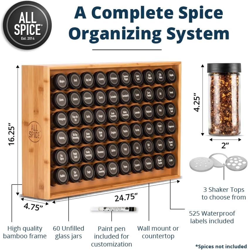 Spice Rack Organizer, Wood, 525 Unique Labels, Countertop or Wall Mount, Includes 60 4oz Jars- Bamboo - Field & Nook