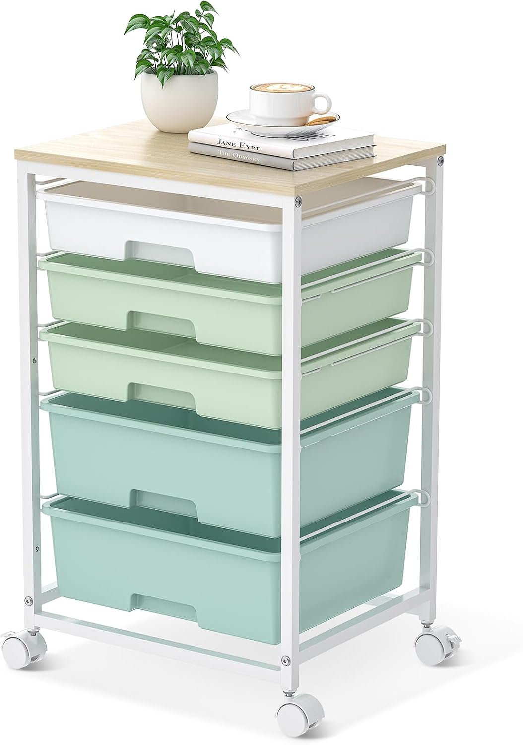 SYKIARIOL Rolling Cart with Drawers,5 Drawers Storage Cart,Light Green | 5-Tiers Utility Cart with Drawers with Lockable Wheels for Craft Organizers and Storage,Home Office,Classroom,Dorm,Playroom - Field & Nook
