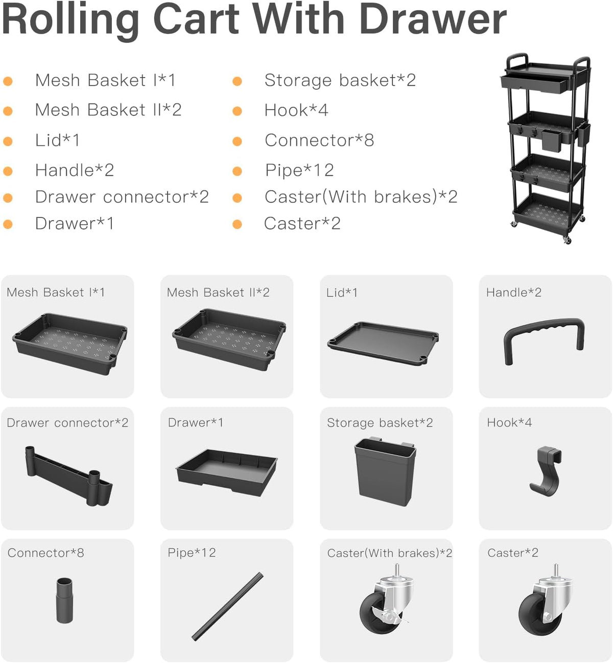 4-Tier Rolling Utility Cart with Drawer - Field & Nook