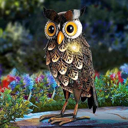 Garden Statue Metal Owl Yard Art Outdoor Decor with Solar LED Lights for Patio Lawn Decoration Great Gifts