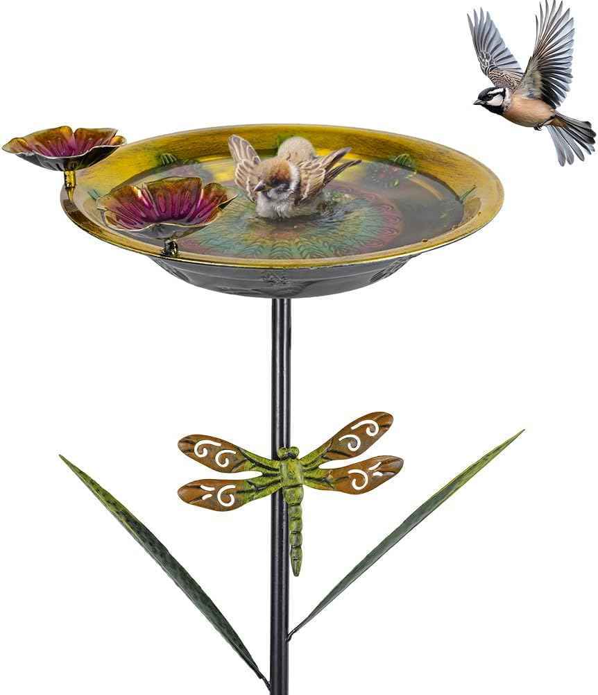 DREAMSOUL 39" Tall Bird Bath with Dragonfly Stake, Metal Birdbath with Flower Feeders, Freestanding Bird Bath for Outside Garden Yard Patio