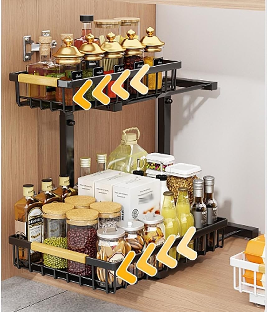 Takywep 2 Tier Pull Out Cabinet Organizer, Adjustable Under Sink Slide Out Shelf with L-Shape Design, Metal Storage Basket for Kitchen, Bathroom Counter Organization - Field & Nook
