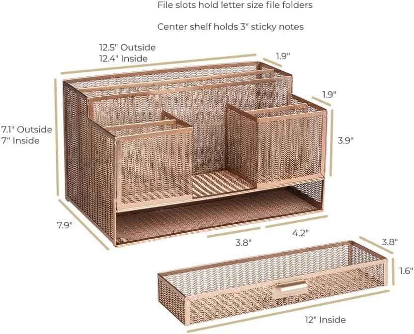 BLU MONACO | Rose Gold Desk Organizer with Sticky Note & File Holder | Metal Mesh Desktop Organizer with Large Drawer & 8 Compartments | Stylish Office, Vanity & Countertop Storage