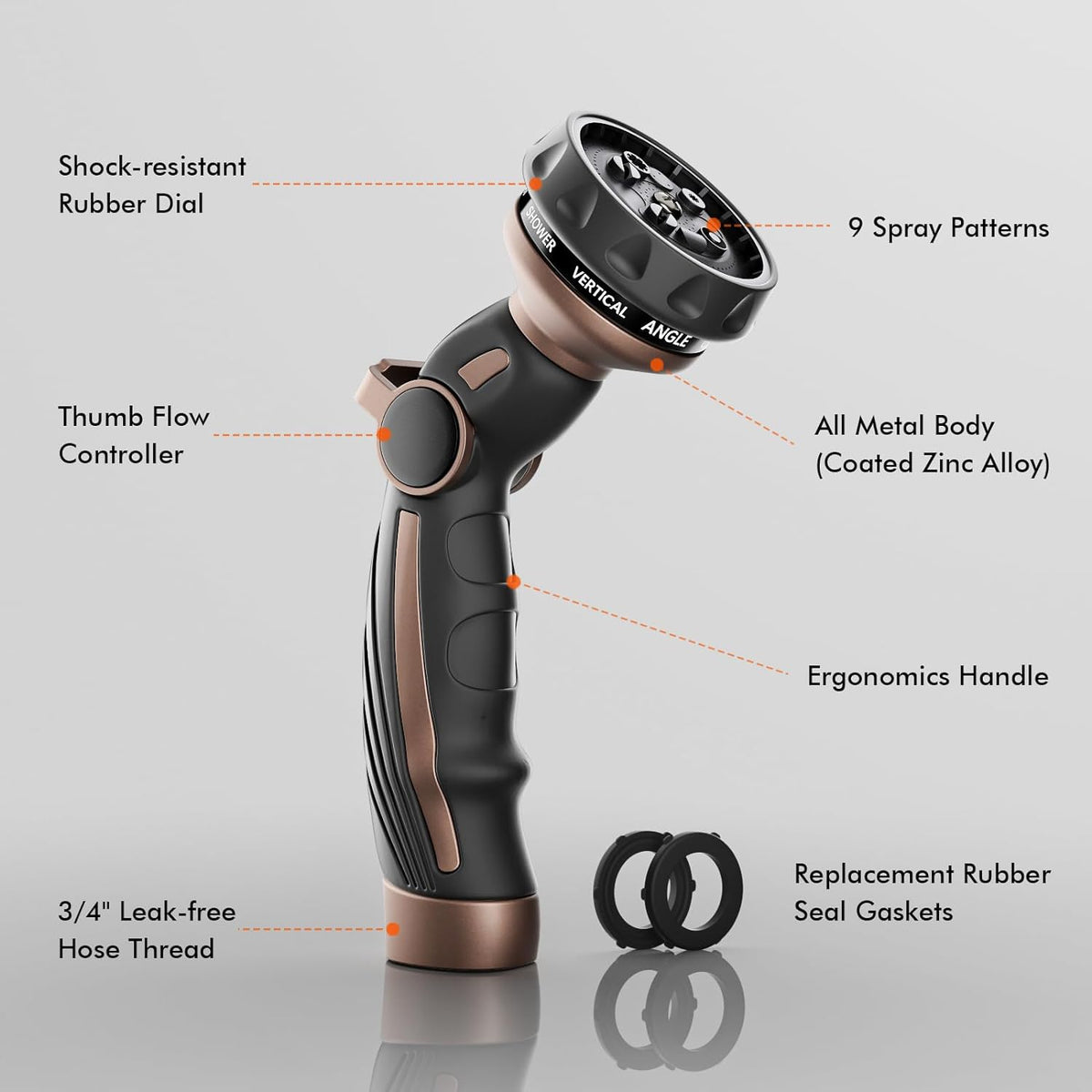 Heavy-Duty Metal Garden Hose Nozzle – 9 Spray Patterns