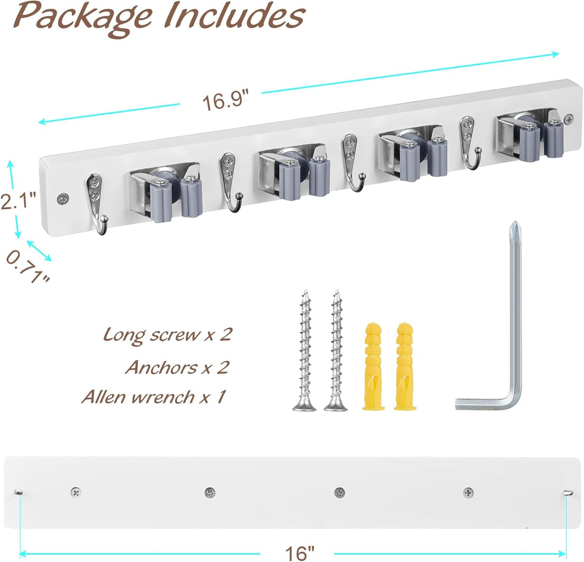White Mop Broom Holder Wall Mount with 4 Slots & 4 Hooks - Field & Nook