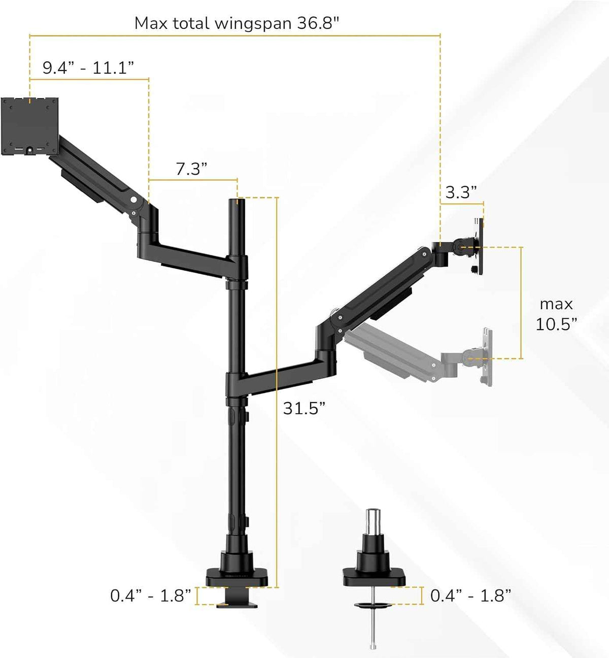 Mount-It! Dual Ultrawide Monitor Desk Mount for 17–49” Screens, Height-Adjustable Stacking Arms with Pole, Heavy Duty Gas Spring, Full Motion, VESA 75/100, Clamp or Grommet