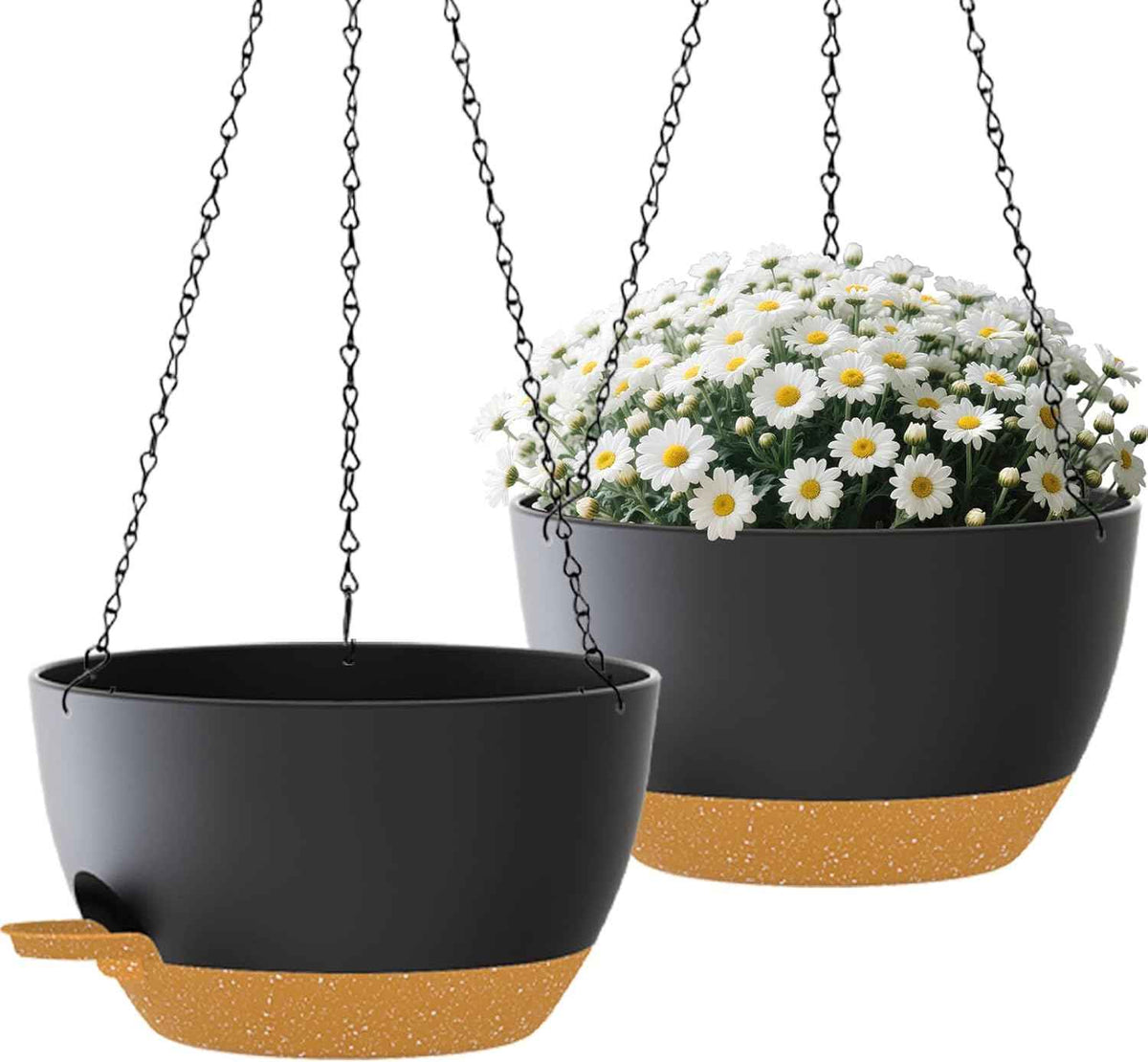 2 Pack Hanging Planters for Indoor Outdoor Plants, 12 Inch Self Watering Hanging Pot with Drainage Holes and Saucer, Plastic Plant Pots, Black Brown Flower Pots for Kitchen, Balcony, Garden