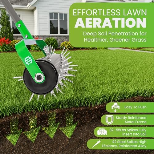 Manual Lawn Aerator Roller Tool 42 Steel Spikes, 57-in Rolling Lawn Aerator