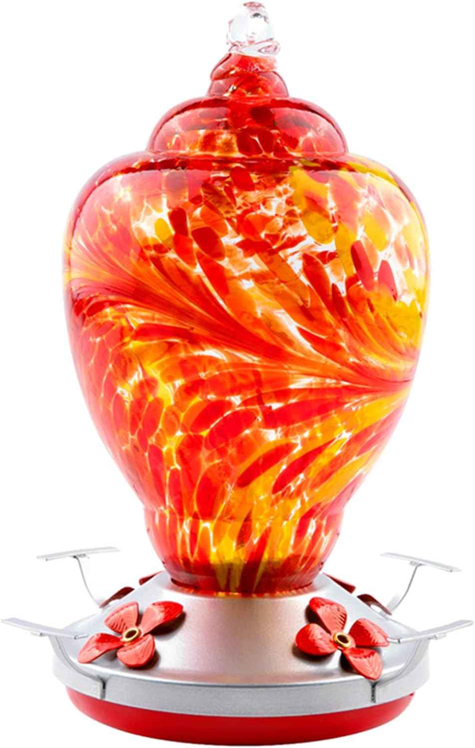 WOSIBO Hummingbird Feeder for Outdoors Patio Large 32 Ounces Colorful Hand Blown Glass Hummingbird Feeder with Ant Moat Hanging Hook, Rope, Brush and Service Card (RED)