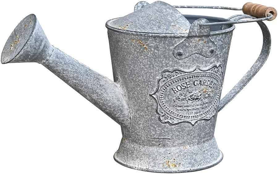 Vintage Metal Watering Can with Wooden Handle, Watering Can for Indoor/Outdoor Plants, Shabby Chic Decor for Home Balcony Courtyard Garden Gray