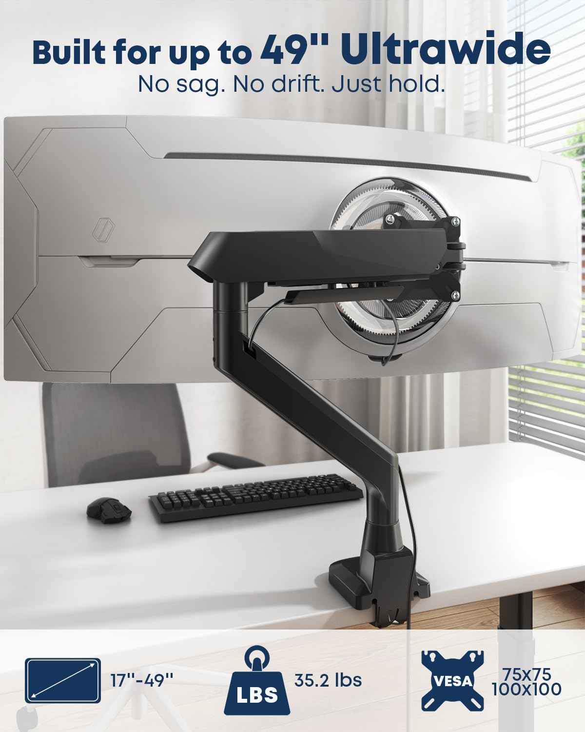 Ultrawide Monitor Arm fits 17-49 Inch Heavy Duty Flat/Curved Monitor | Cable Management, Full Motion, Gas Spring Arm, Holds 35.2 lbs with Clamp & Grommet Desk Mount, VESA 75/100mm, Black