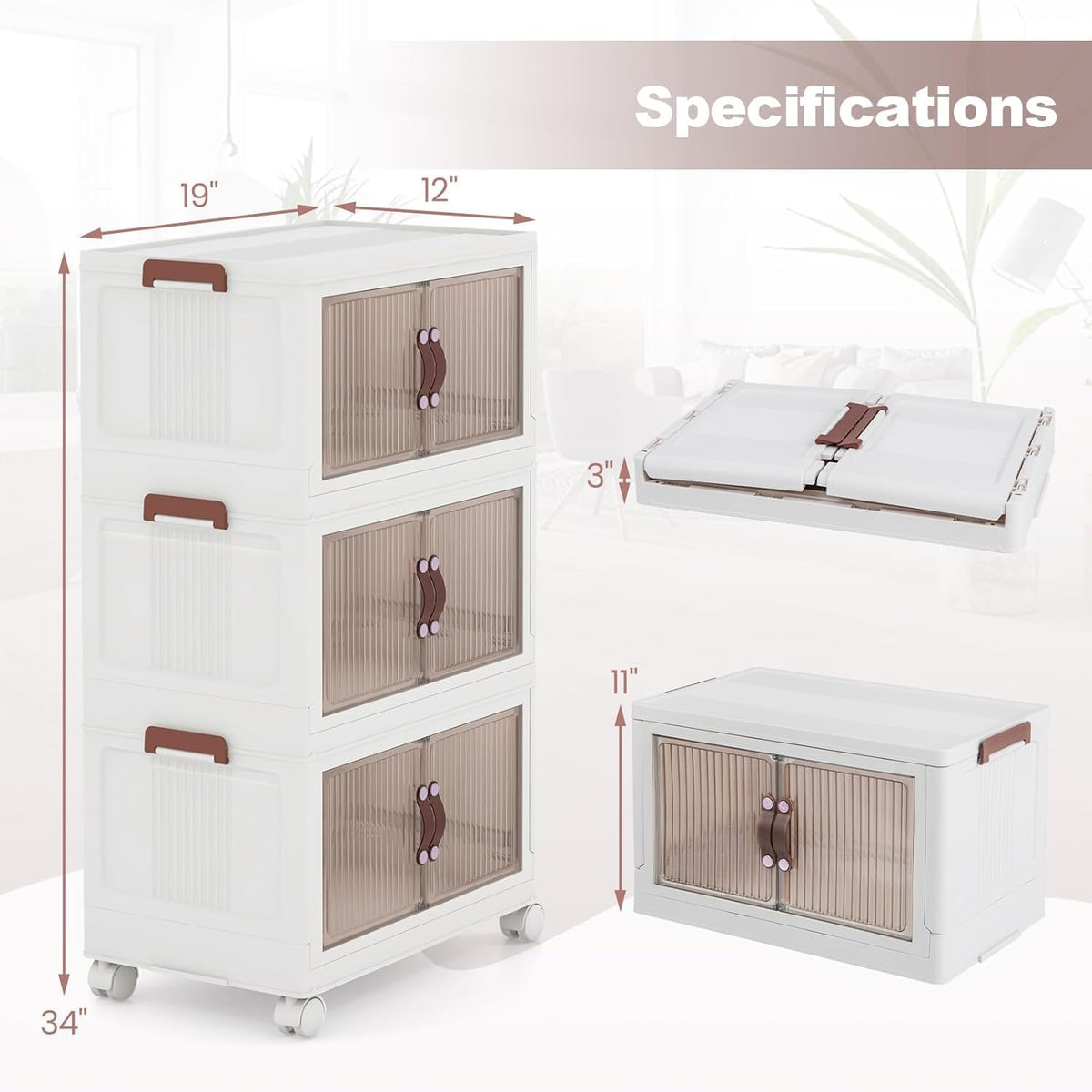 HOMGX 3 Tier Stackable Storage Bins, Collapsible Closet Organizers w/Wheels and Lids, Foldable Cabinet Front and Top Open, Foldable Plastic Containers for Kitchen (25.5 Gal (19" x 12" x 34")) - Field & Nook
