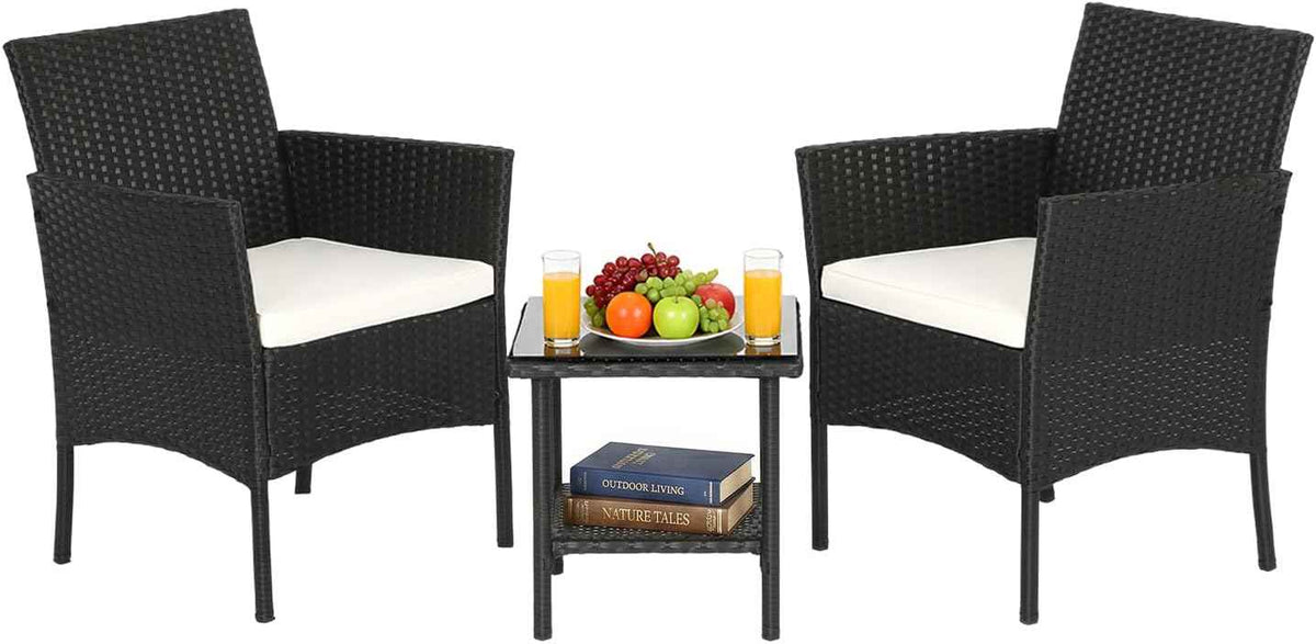 FDW 3-Piece Patio Furniture Set | Black & Beige | Outdoor Wicker