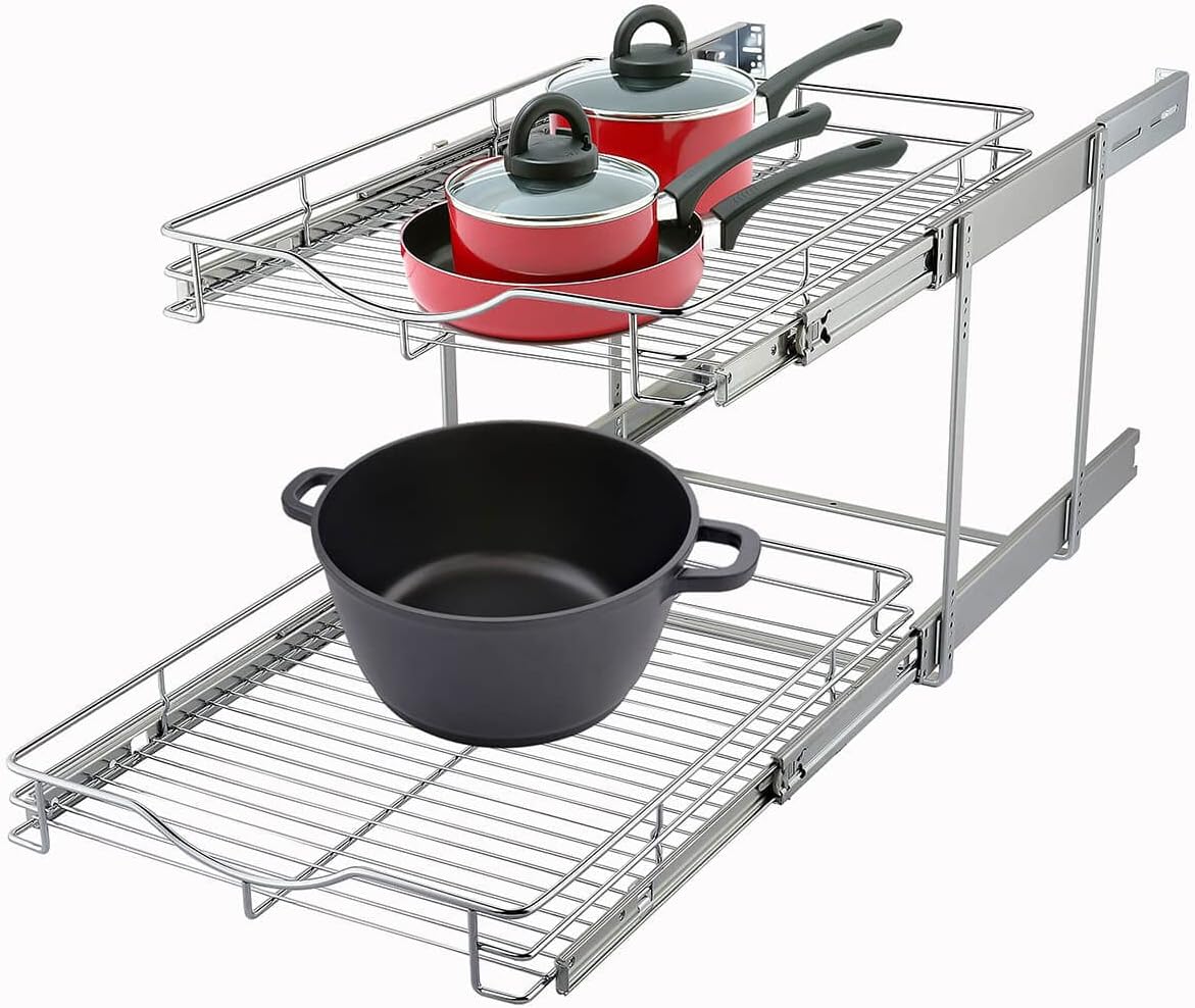DINDON 2 Tier Pull Out Cabinet Organizer (11" W x 18" D) Heavy-Duty Metal Sliding Drawer Shelf, Two Tier Pull Out Shelves for Kitchen Cabinets, Pantry, Bathroom, Chrome Finish - Field & Nook