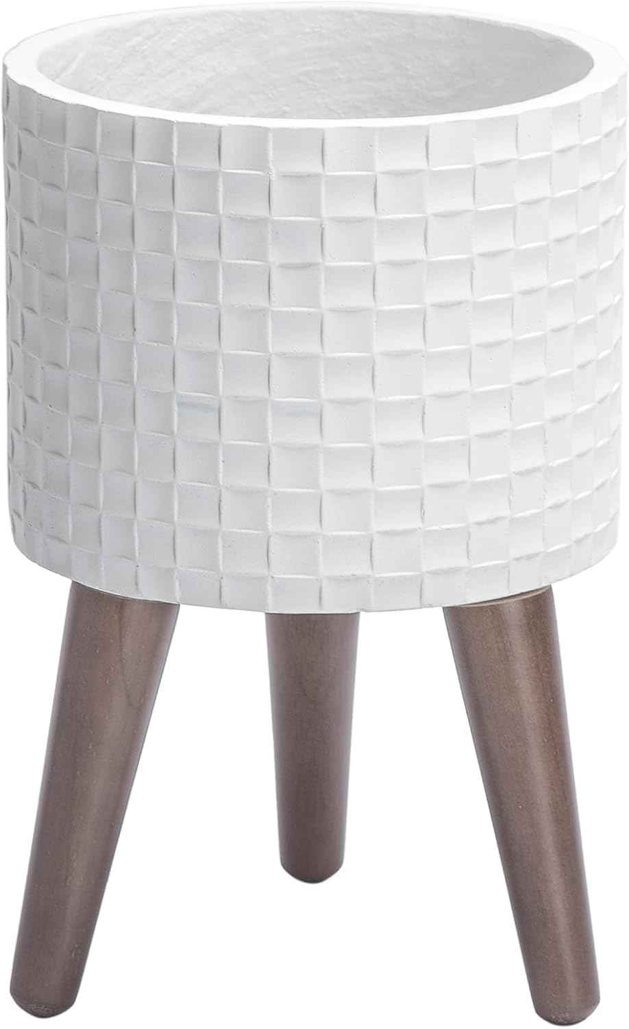D'vine Dev 8 Inch Modern Geometric Tile Patterned Sleek Planter Pot with Stand, Indoor Outdoor Decorative Plant Holder, Matte White, 88-Z-A-1