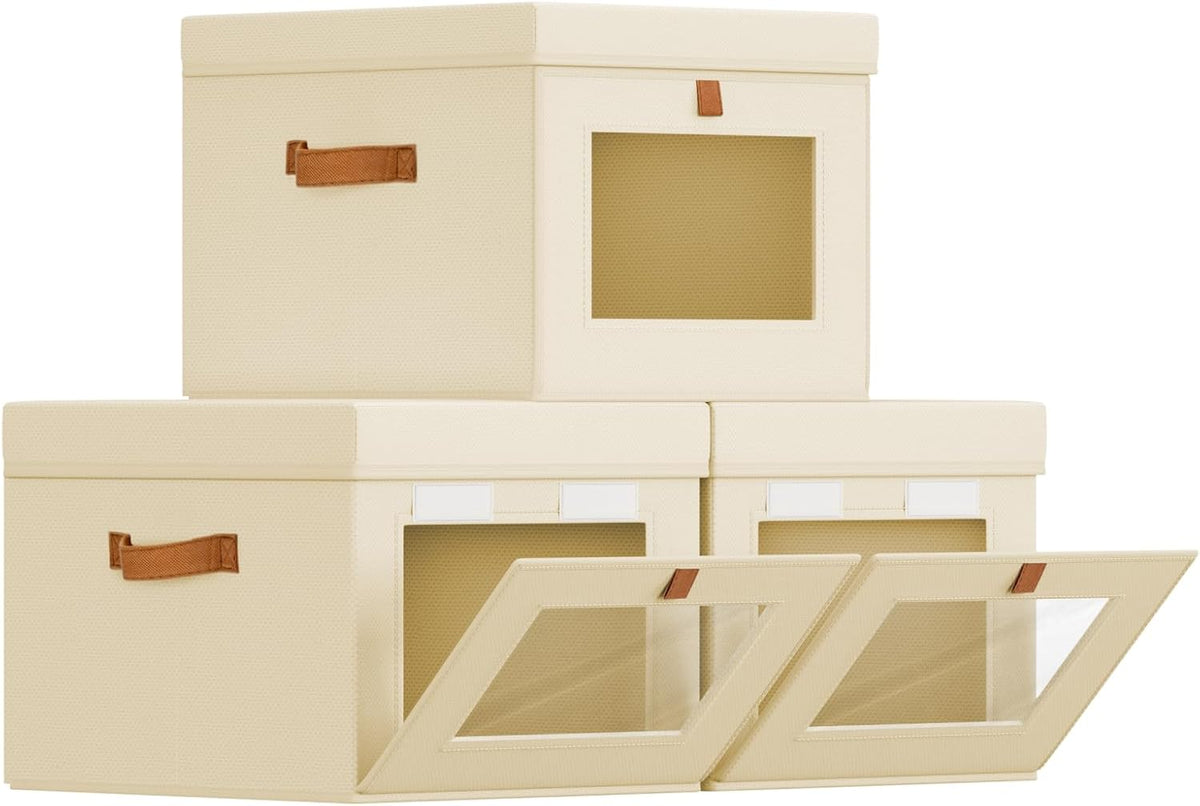 Storage Bins with Lid – Closet Organizer with Side Opening and Clear Window, Foldable Stackable Fabric Basket for Clothes Storage, Bedroom, Nursery, Office, 3 Pack, Beige - Field & Nook