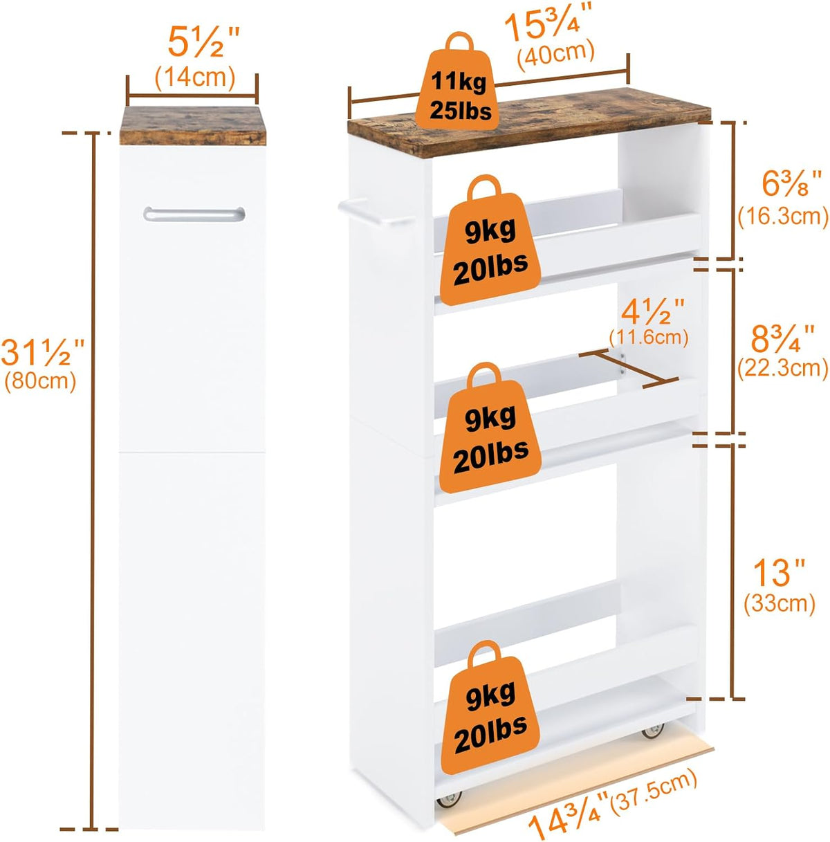 Slim Rolling Storage Cart – Wood 4-Tier Narrow Kitchen/Laundry Cart - Field & Nook