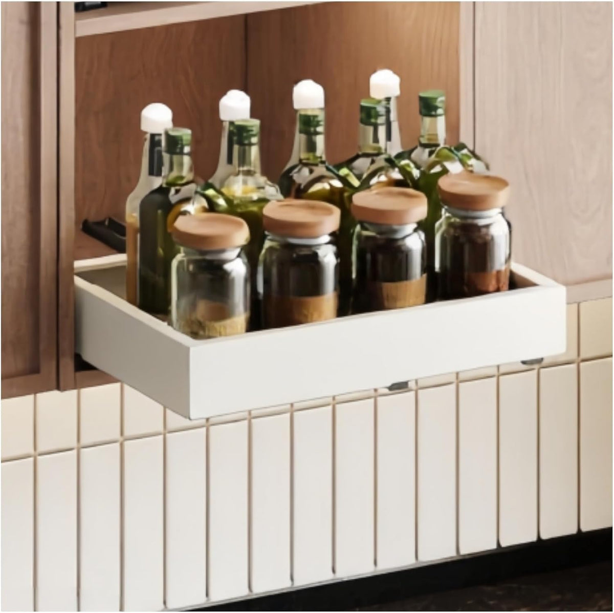 Fokyfok Pull out Cabinet Organizer,11"-18"W，10"-13"D,Expandable,Adhesive | No Drill,Upper Cabinet,Adjustable Slide out Drawers for Pantry,Roll out Shelves Short,Framless Cabinets,Kitchen,White,1PC - Field & Nook