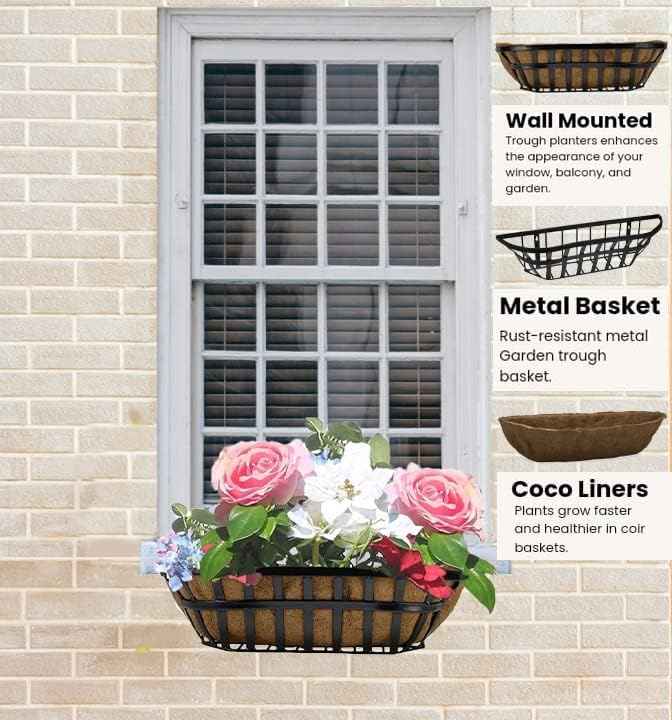 Ashman Trough 1 Pack, Deck Railing Planter Box, Black, Metal Garden Trough Deck Planter with Coco Liners.