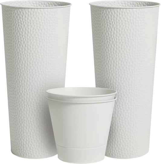 Worth Garden 2-Pack 28" H. Metal Planter with 2X Inside Pots - Hand-Hammered Texture Tall Cone Plant Pots - Large Handcrafted Flower Pot for Indoor Outdoor, Deck, Patio, Front Porch - White