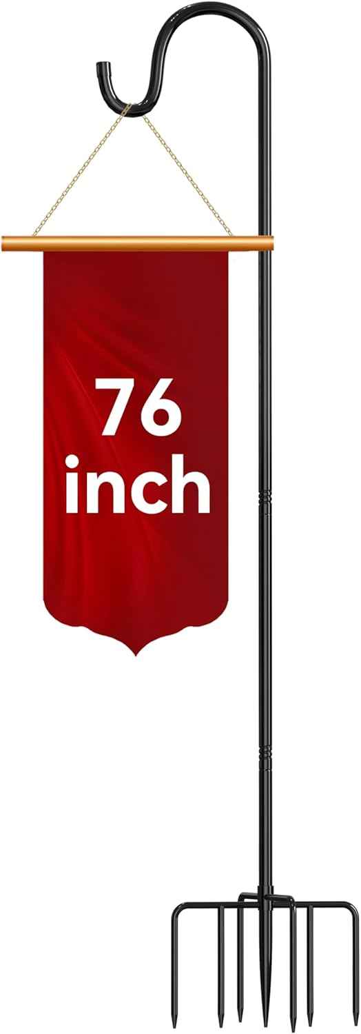 76" Adjustable Shepherd Hook for Outdoor, Heavy Duty Metal Bird Feeder Pole with 7-Prong Base, Garden Hook for Hanging Lanterns, Solar Lights, Plants, Wind Chimes & Hummingbird Feeder, 1 Pack