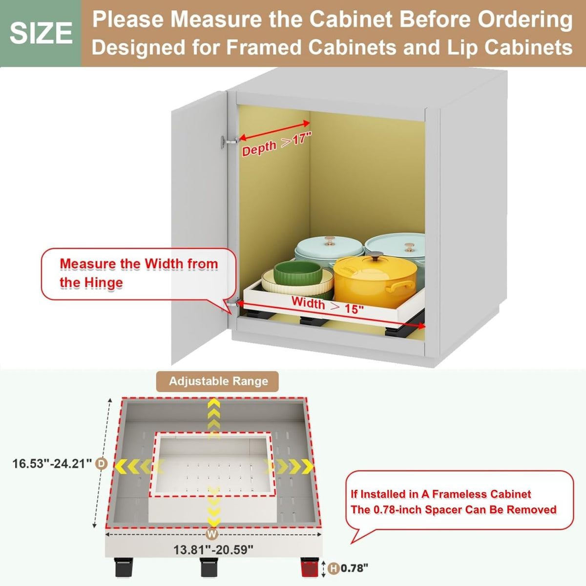 Fokyfok Pull out Cabinet Organizer,15"-21"W,17"-24"D,Expandable,Adhesive | No Drill,3 Rails,Roll out Drawers,Adjustable Slide out Shelves for Kitchen,Pantry,Framed and Framless Cabinets,White,1PC - Field & Nook