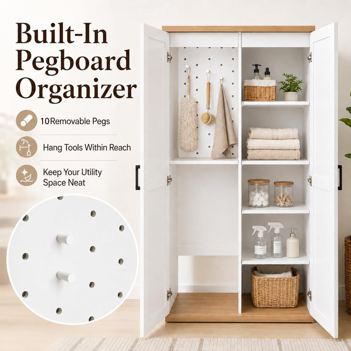 68.9-Inch Wooden Broom Closet Storage Cabinet with Doors - Field & Nook