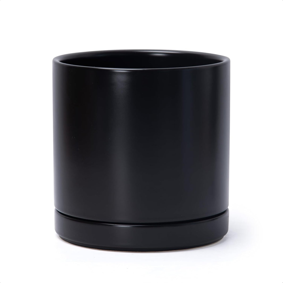 D'vine Dev 8 Inch Ceramic Planter Pot with Drainage Hole and Saucer, Indoor Cylinder Round Planter Pot, Black, 94-O-D-2