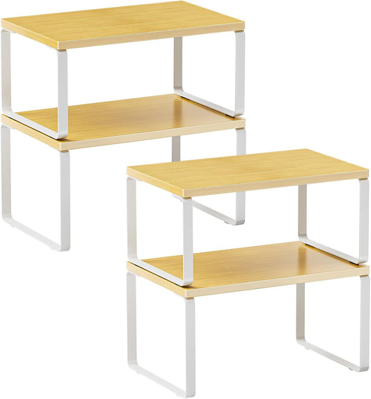 LAMU Cabinet Organizer Shelf, Set of 4 Expandable Kitchen Counter Shelve Plate Organizer for Cabiner, Stackable Spice Rack, CupBoard Organizers and Storage, Wood - Field & Nook