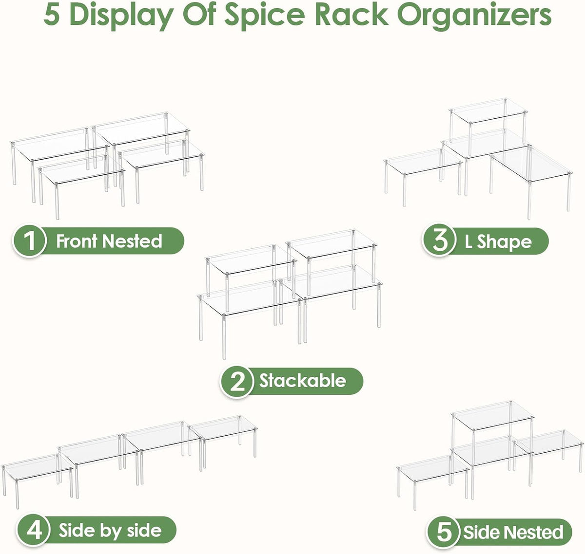 Delamu Cabinet Shelves, Clear Stackable Acrylic Storage Risers with Heavy Duty Support, Cabinet Organizer Shelf for Spices, Seasonings, Jars, Pantry, Kitchen Counter, Easy Assembly - Field & Nook