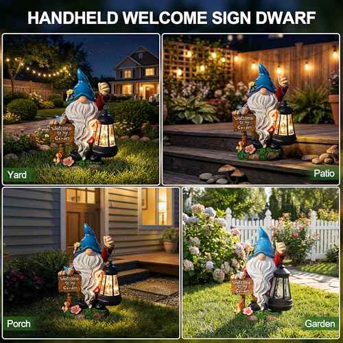 Garden Gnome Statues Figurine Lights - Solar Powered Lighting Outdoor Decorations with Lantern & Welcome Sign, Yard Art Lawn Ornaments for Porch Patio Balcony - Gnome Gifts for Women Mom