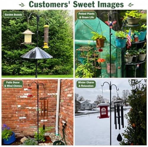 Gtongoko Bird Feeder Pole for Outdoors Heavy Duty, 92 Inch Double Shepherds Hook with 5-Prong Stable Base, 3/4 Inch Thick Hummingbird Feeder Stand for Hanging Plants, Lanterns, 1 Pack
