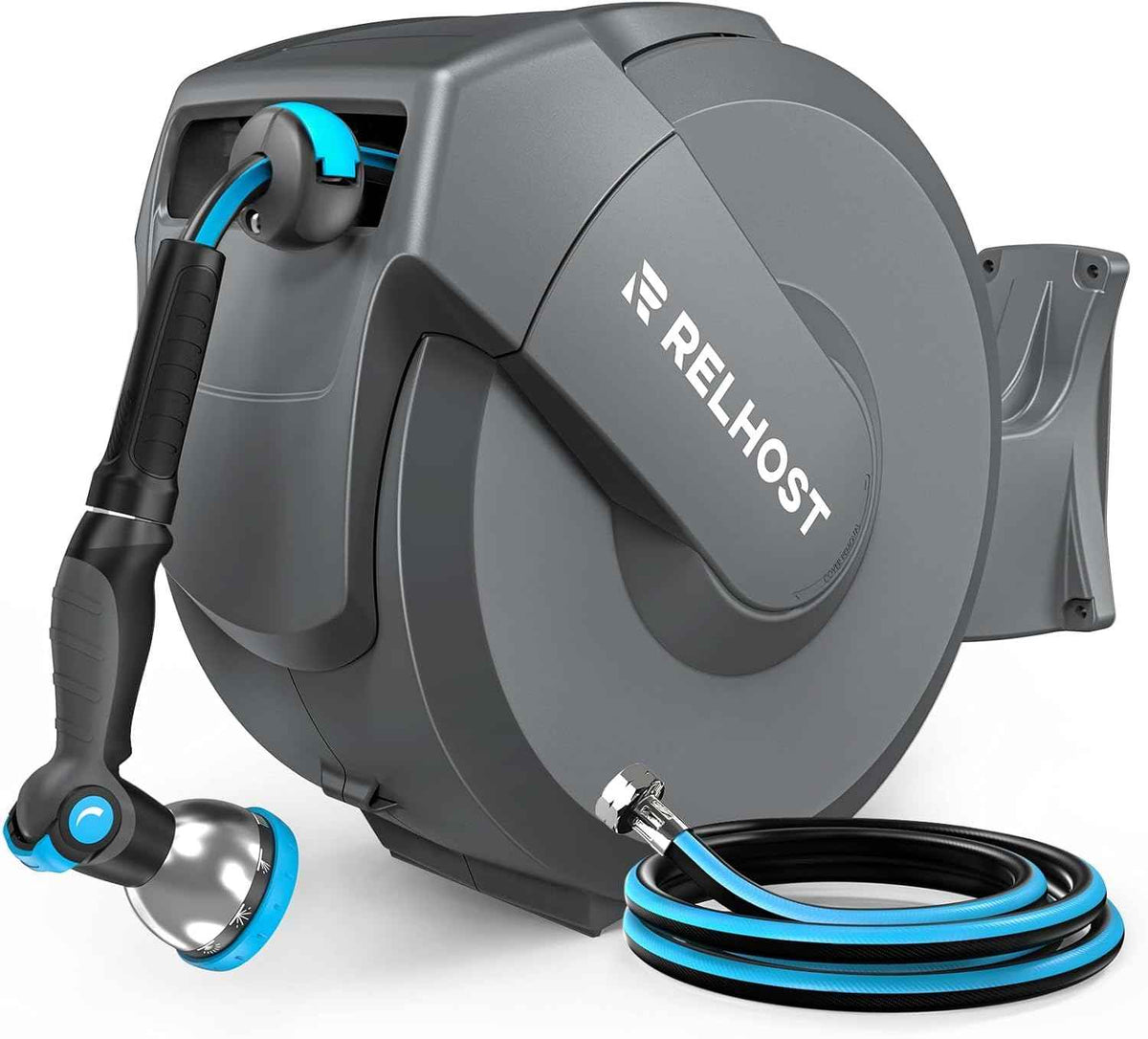 Relhost Retractable Garden Hose Reel, 5/8 in x 100 ft Wall Mount Heavy Duty Hose Reel with Any-Length Lock, Auto Rewind System, 180° Swivel Bracket, and 10-Pattern Nozzle for Garden, Dark Grey