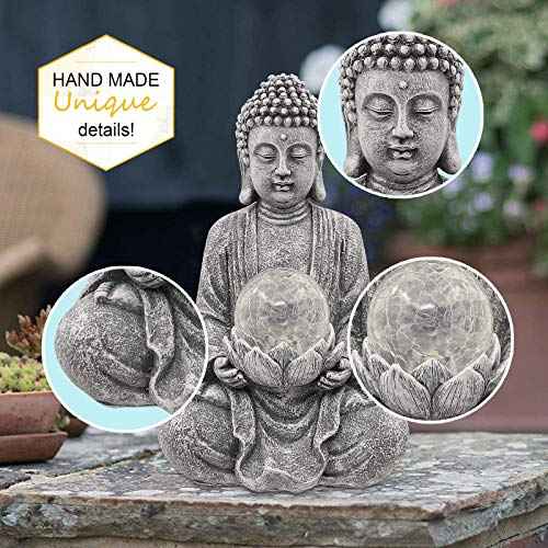 Meditating Buddha Statue with Solar Light,Zen Solar Garden Buddha with Cracked Glass Ball Sculpture-Indoor/Outdoor Decor for Balcony,Garden,Patio,Porch Yard Art Ornament,Gift