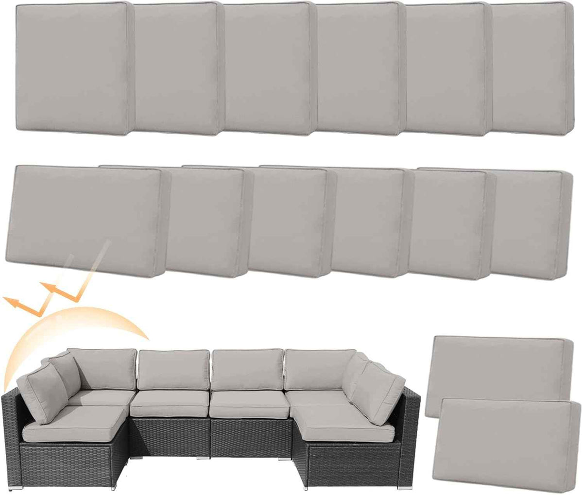 14 Piece Patio Cushion Covers Replacement Splashproof Fade Resistant Outdoor Sofa Slipcovers with Zippers for Sectional, Chair Deck Porch Furniture Protector (Light Gray,23.6x23.6x3.94 Inches)