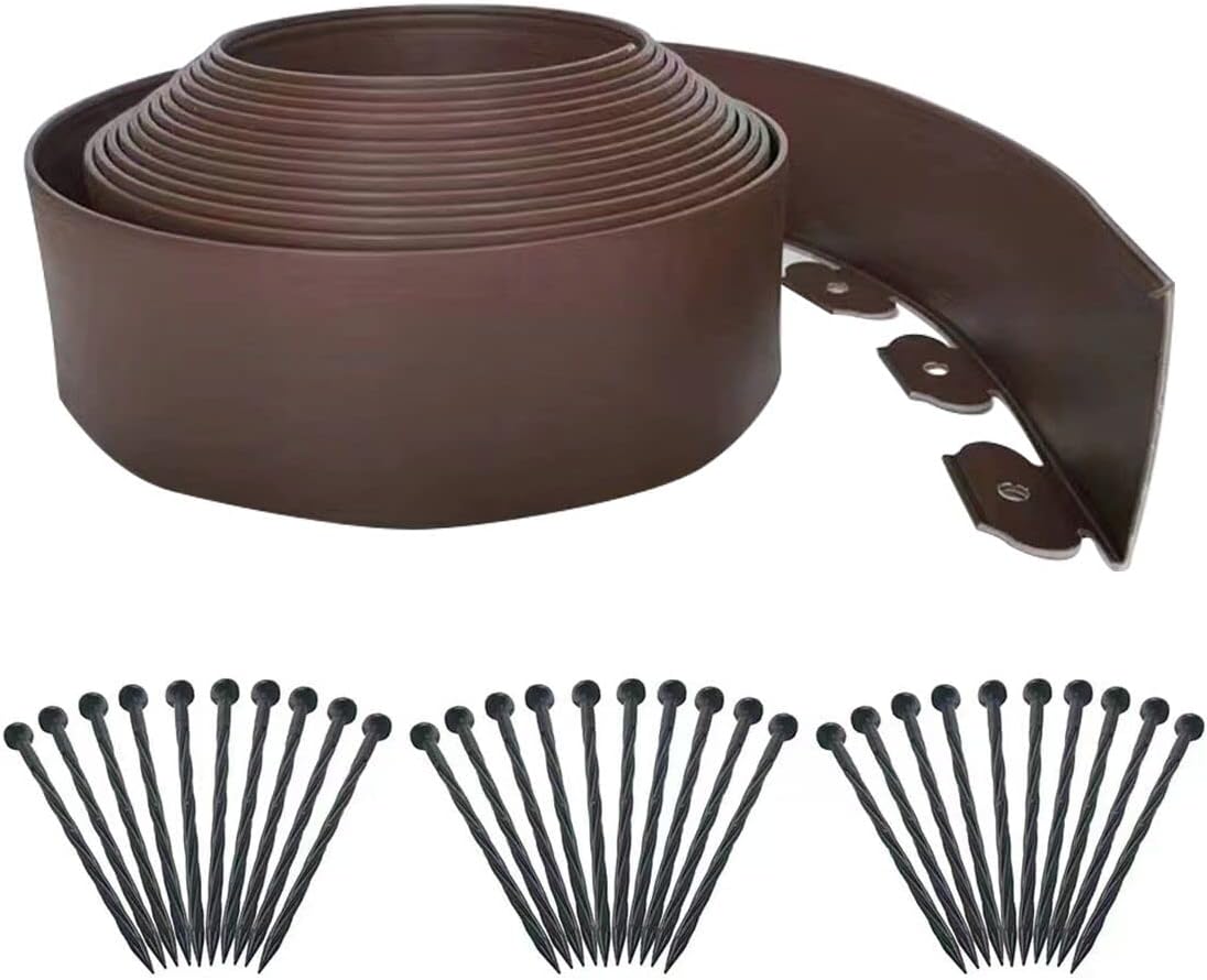 Landscape Edging 33ft,Garden Edging Borders[Extra Tall 4IN ] Flexible Lawn Edging Kit with 30pcs Spikes,Heavy Duty Landscaping Edge Mini Plastic Fence for Yard Grass Flower Bed -Brown