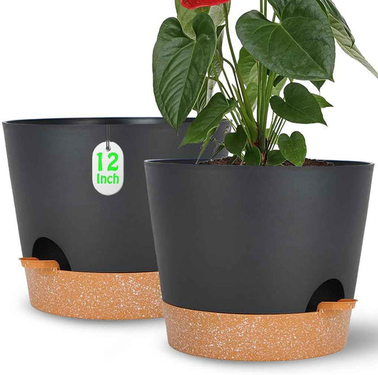 Plant Pots Self Watering Planters with Drainage Hole and Reservoir Large Flower Planting Pots for Indoor Outdoor Plants Plastic Succulent Pot Gift Idea 2 * 12Inch
